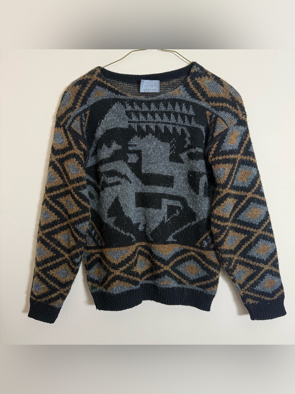 Le Tigre Crewneck Sweater in Black, Gray & Brown vintage 90’s eclectic grandpa